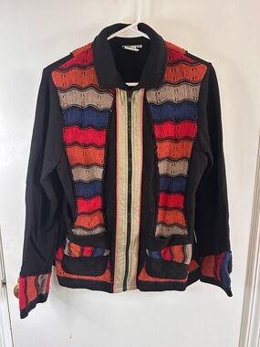 PARSLEY & SAGE BLACK ZIP UP BLAZER JACKET WITH MULTICOLOR KNIT CHEVRON STRIPES S